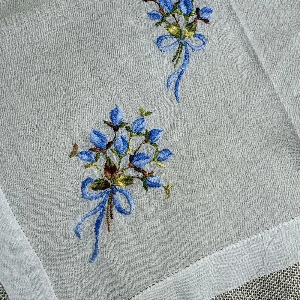 Vintage Hand Embroidered Floral Handkerchief Blue Forget Me Not Hanky